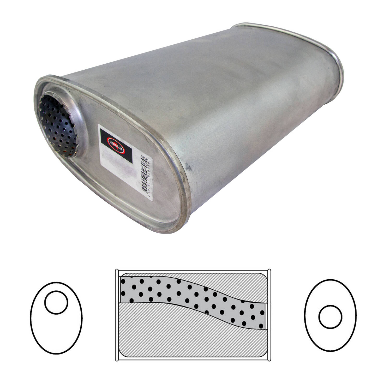 2.5" Redback Muffler 8" x 4" Wide Oval, 16" Long,  Offset/Centre - Megaflow (No Spigots) image